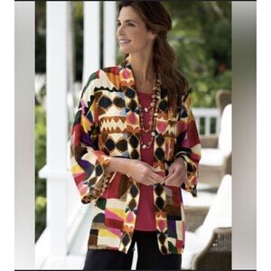Soft Surroundings Margot open front 3/4 Sleeve‎ Geometric Kimono Small Medium